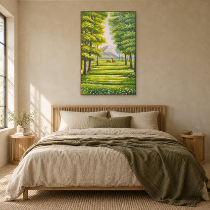 Sunlit deer forest painting in an oak-tone floating frame centred above a linen bed
