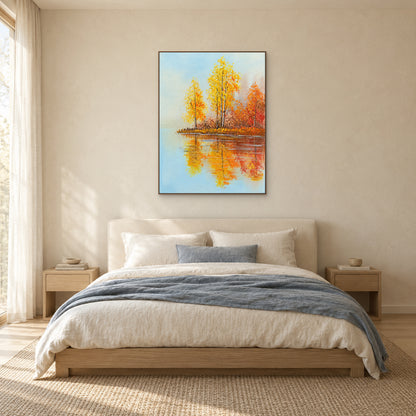 Tableau de bouleaux reflétés dans un lac, cadre ton chêne, au-dessus d’un lit crème au plaid bleu-gris