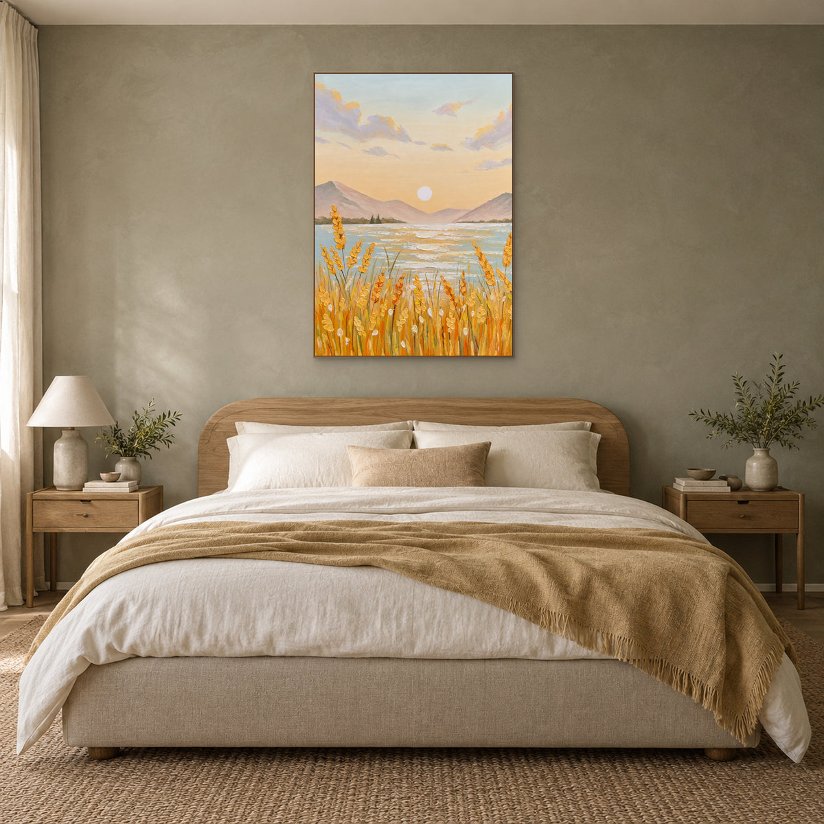 Golden grain landscape in an oak-tone frame centred above a curved wooden headboard