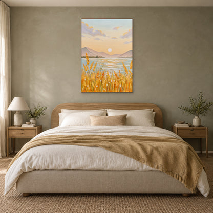 Golden grain landscape in an oak-tone frame centred above a curved wooden headboard