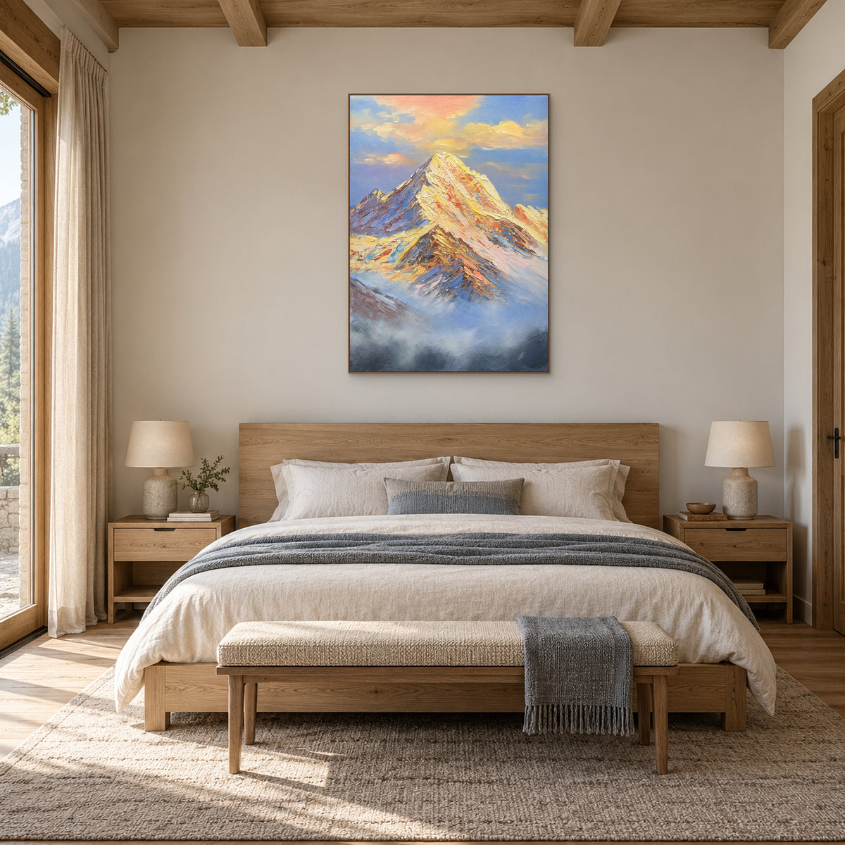 Tableau de montagne dorée dans un cadre ton chêne, centré au-dessus d'un lit en bois aux draps neutres