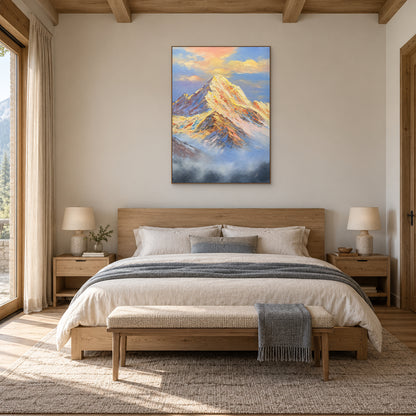 Tableau de montagne dorée dans un cadre ton chêne, centré au-dessus d'un lit en bois aux draps neutres