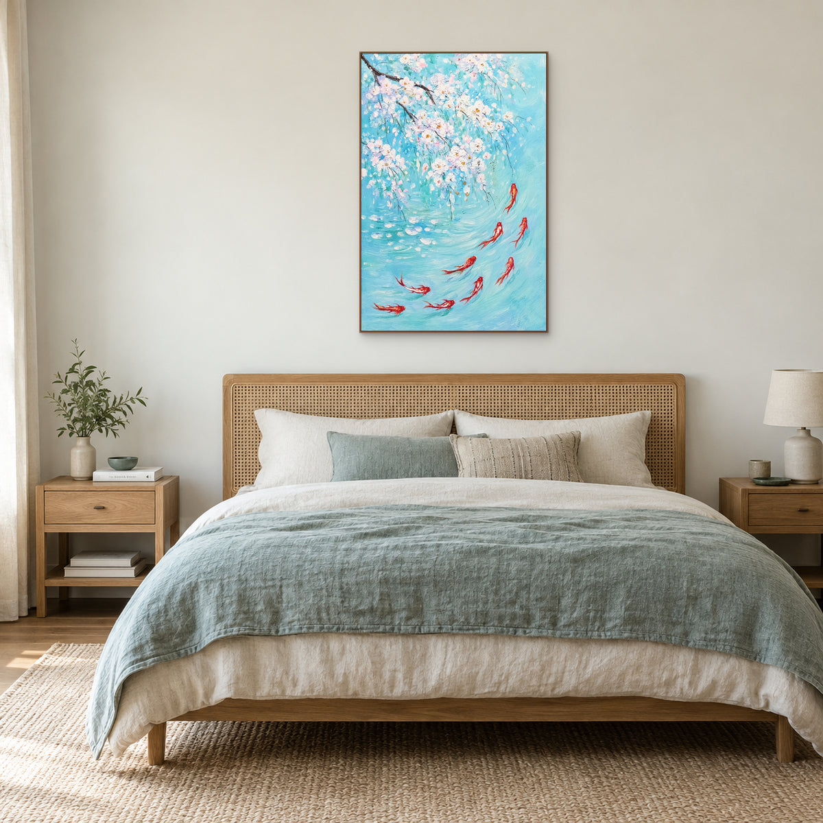 Tableau turquoise de carpes et de fleurs dans un cadre flottant couleur chêne, au-dessus d’une tête de lit cannée et d’une literie vert d’eau.