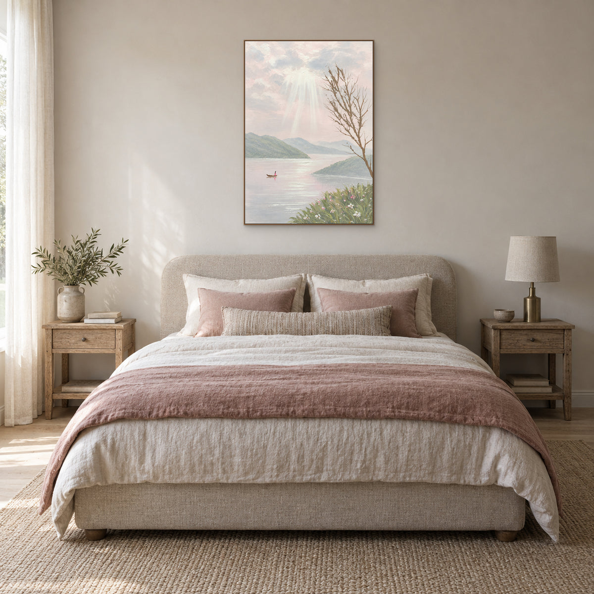 Pink and sage lake landscape in an oak-tone frame centered above a linen bed