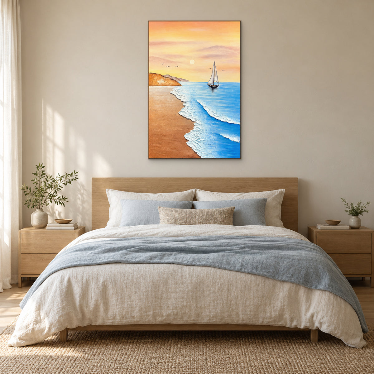 Peach-sky sailboat painting in an oak-tone frame above a wooden bed with ivory bedding and a blue throw