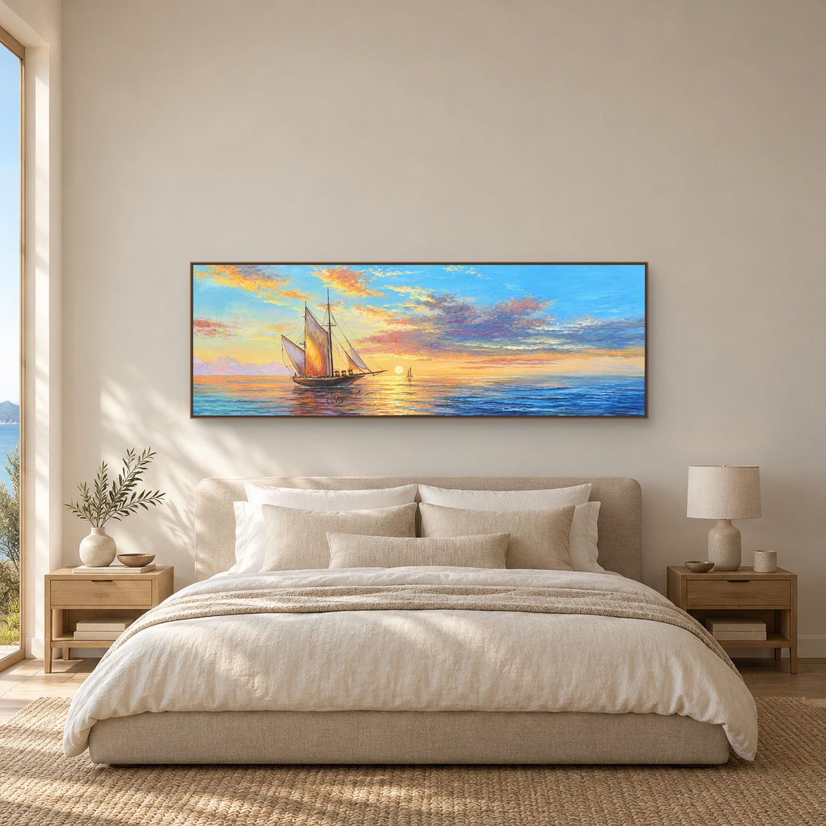 Golden sunset sailboat painting in an oak-tone frame above an oatmeal upholstered bed