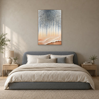 Stardust Shore in a slim oak-toned frame centred above a grey upholstered bed with cream bedding