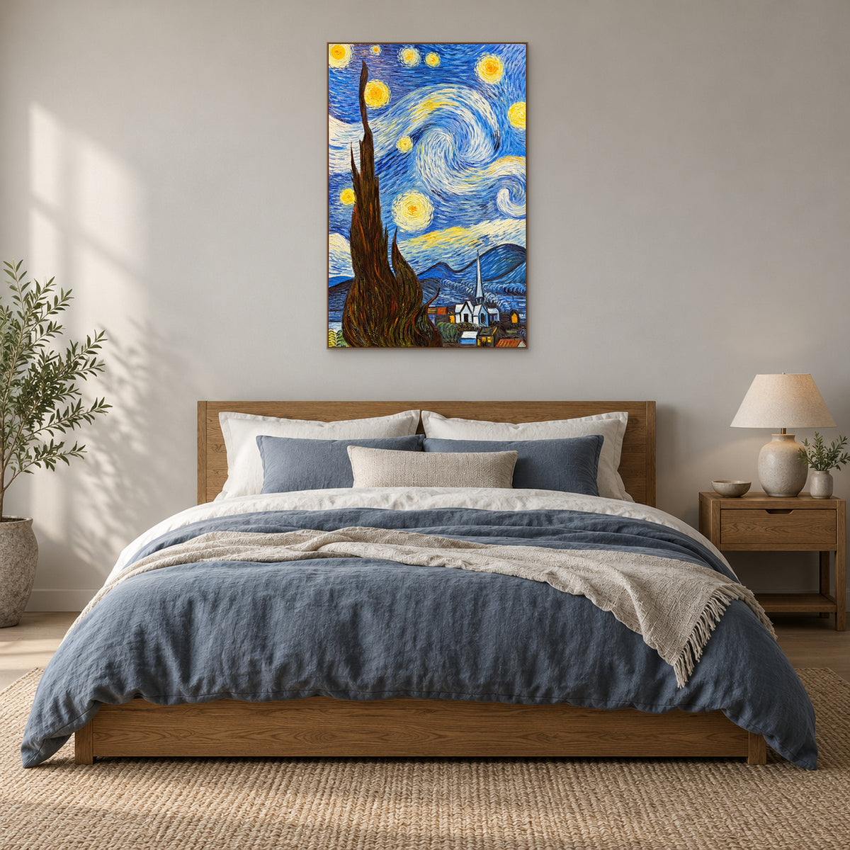 Tableau vertical de cyprès étoilé en cadre ton chêne, au-dessus d’une tête de lit en bois et de linge bleu ardoise
