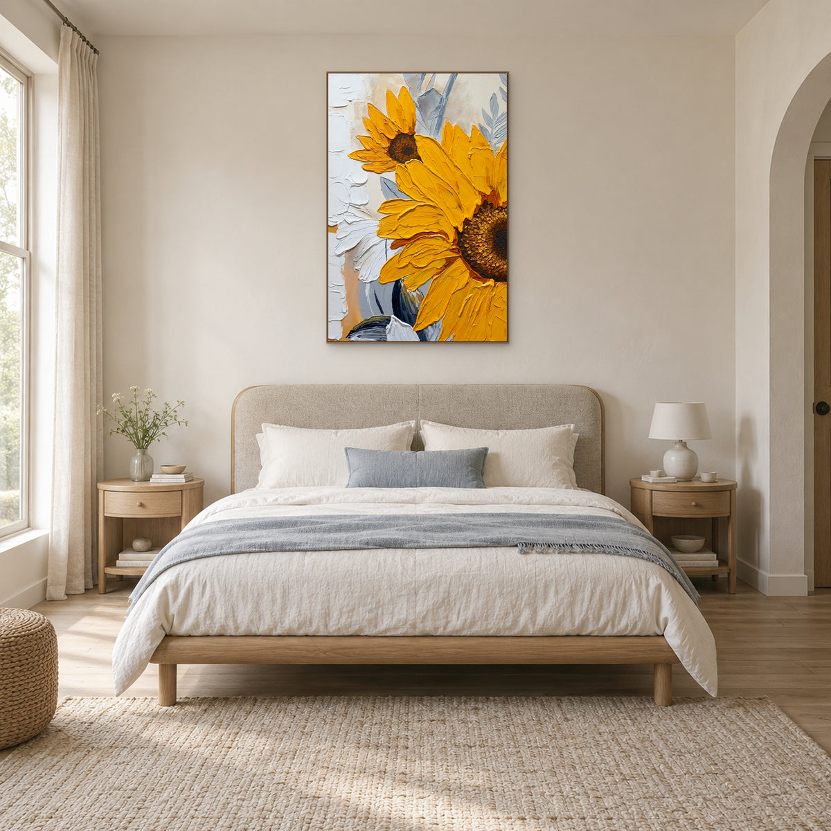 Yellow sunflower painting in an oak-tone frame above a cream bed with a soft blue throw