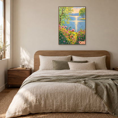 Pink flower and blue lake landscape in an oak-toned floating frame centred above a rounded wood headboard and linen bedding