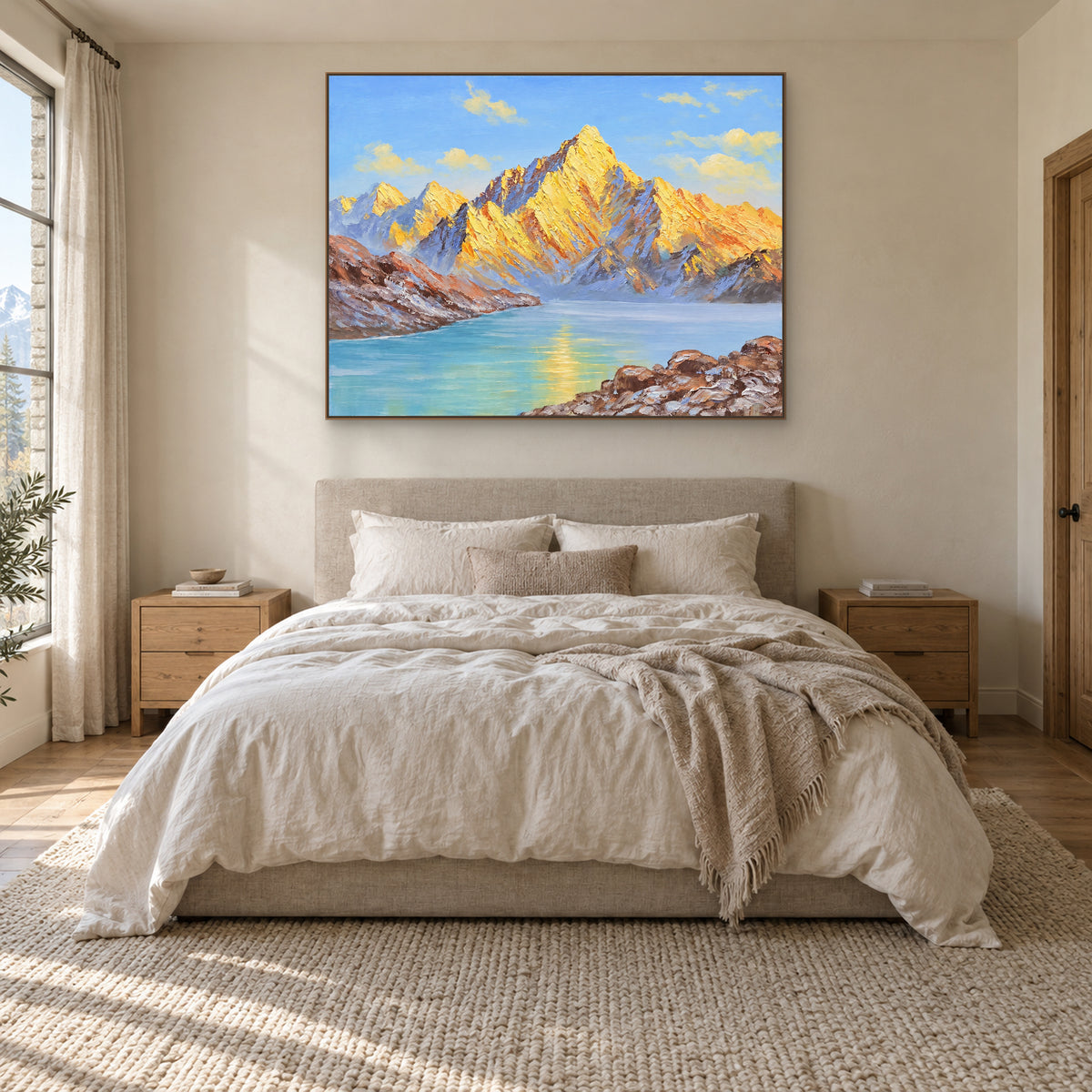 Blue lake and golden mountain painting in an oak-tone frame centred above a cream upholstered bed