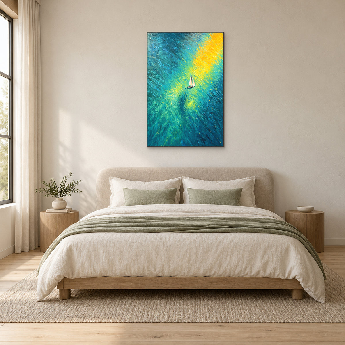 Tableau vertical de voilier turquoise et doré, cadre ton chêne, centré au-dessus d’un lit au linge vert sauge.