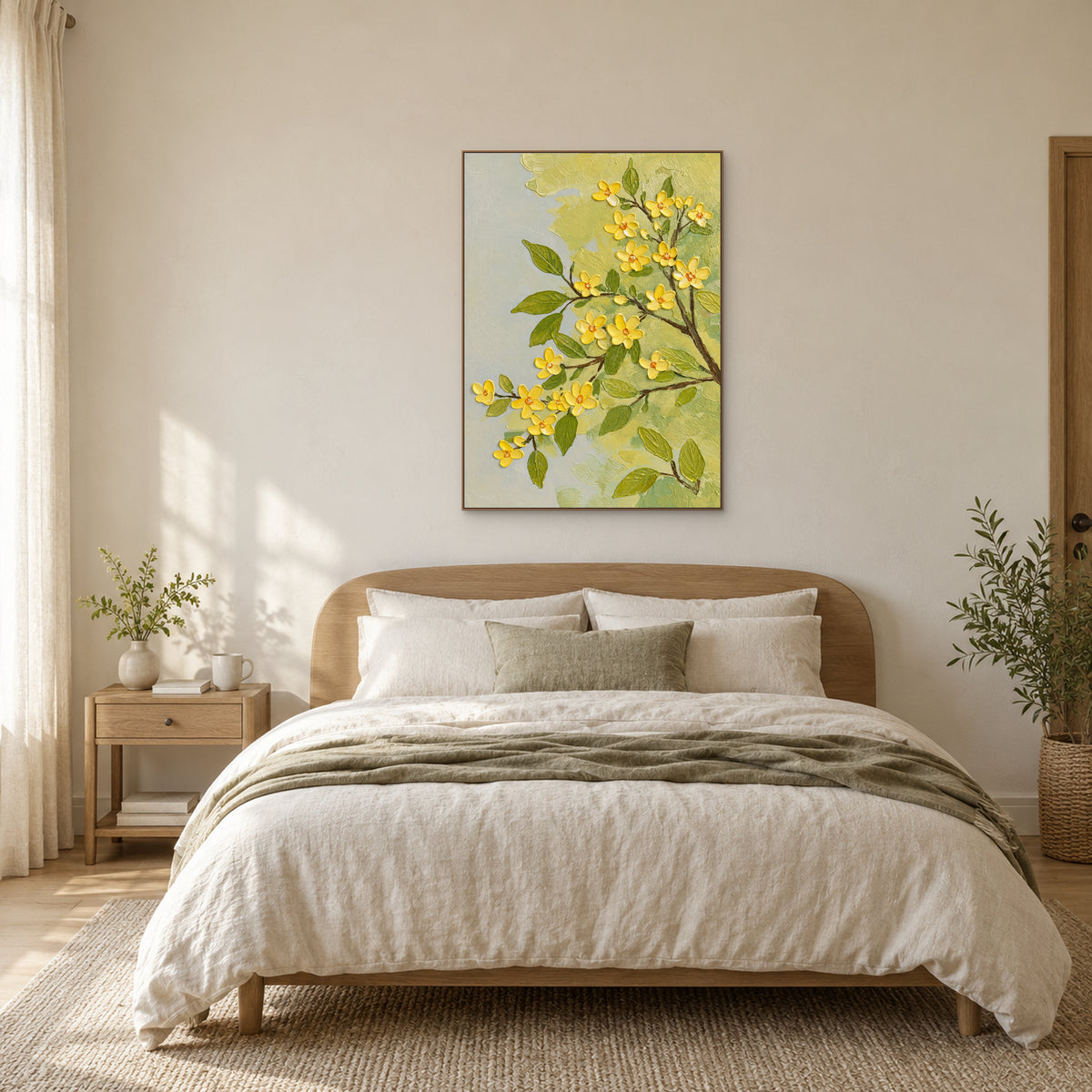 Fleurs jaunes dans un cadre ton chêne, centrées au-dessus d’une tête de lit en bois et de linge crème avec un plaid olive