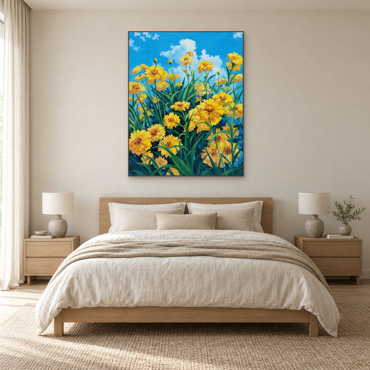 Tableau de fleurs jaunes dans un fin cadre ton chêne, centré au-dessus d'un lit en bois aux draps neutres
