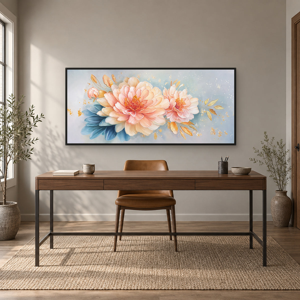 Panorama de pivoines rose tendre sur fond bleu pâle dans un cadre flottant noir, au-dessus d’un bureau ton noyer et d’une chaise camel
