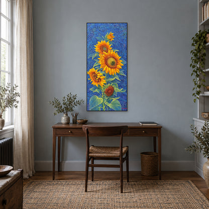 Tableau de tournesols bleu et jaune dans un cadre noir, au-dessus d’un bureau en bois sombre sur un mur gris bleu