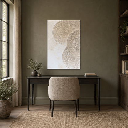 Concentric ring artwork in a black frame above a dark wooden desk against an olive-grey study wall.
