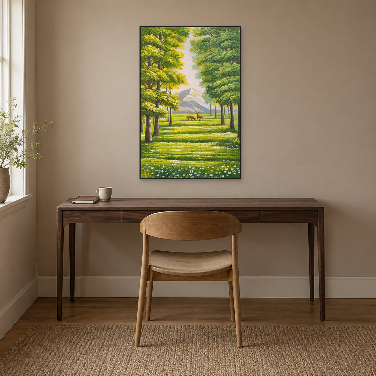 Green woodland and deer painting in a black floating frame above a walnut writing desk