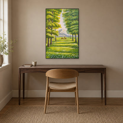 Green woodland and deer painting in a black floating frame above a walnut writing desk
