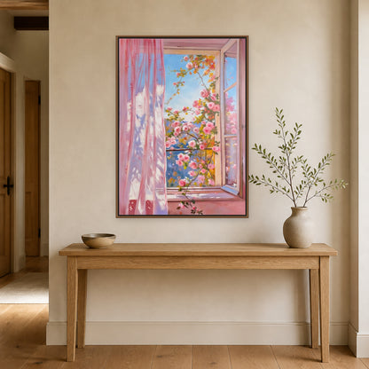 Tableau de fenêtre ouverte sur des roses au-dessus d’une console claire dans une entrée