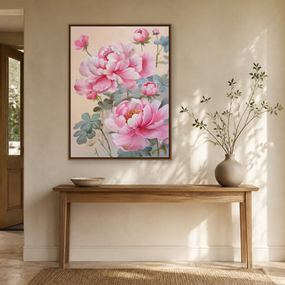 Blush Peonies in a slim natural wood floating frame above an oak entryway console