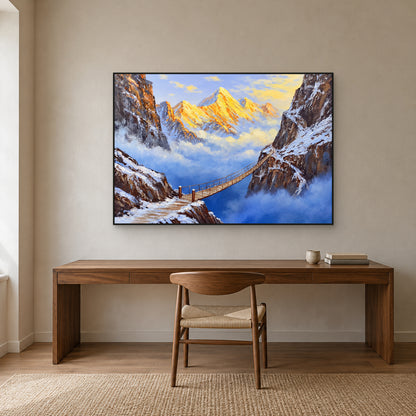 Paysage de cimes dorées et de canyon bleu, encadré en noir au-dessus d’un bureau en noyer