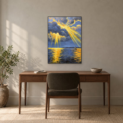 Tableau de nuages bleu et or dans un cadre noir fin, au-dessus d’un bureau en noyer doucement éclairé.