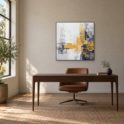 Tableau abstrait charbon et doré dans un fin cadre noir au-dessus d’un bureau en noyer et d’une chaise en cuir brun