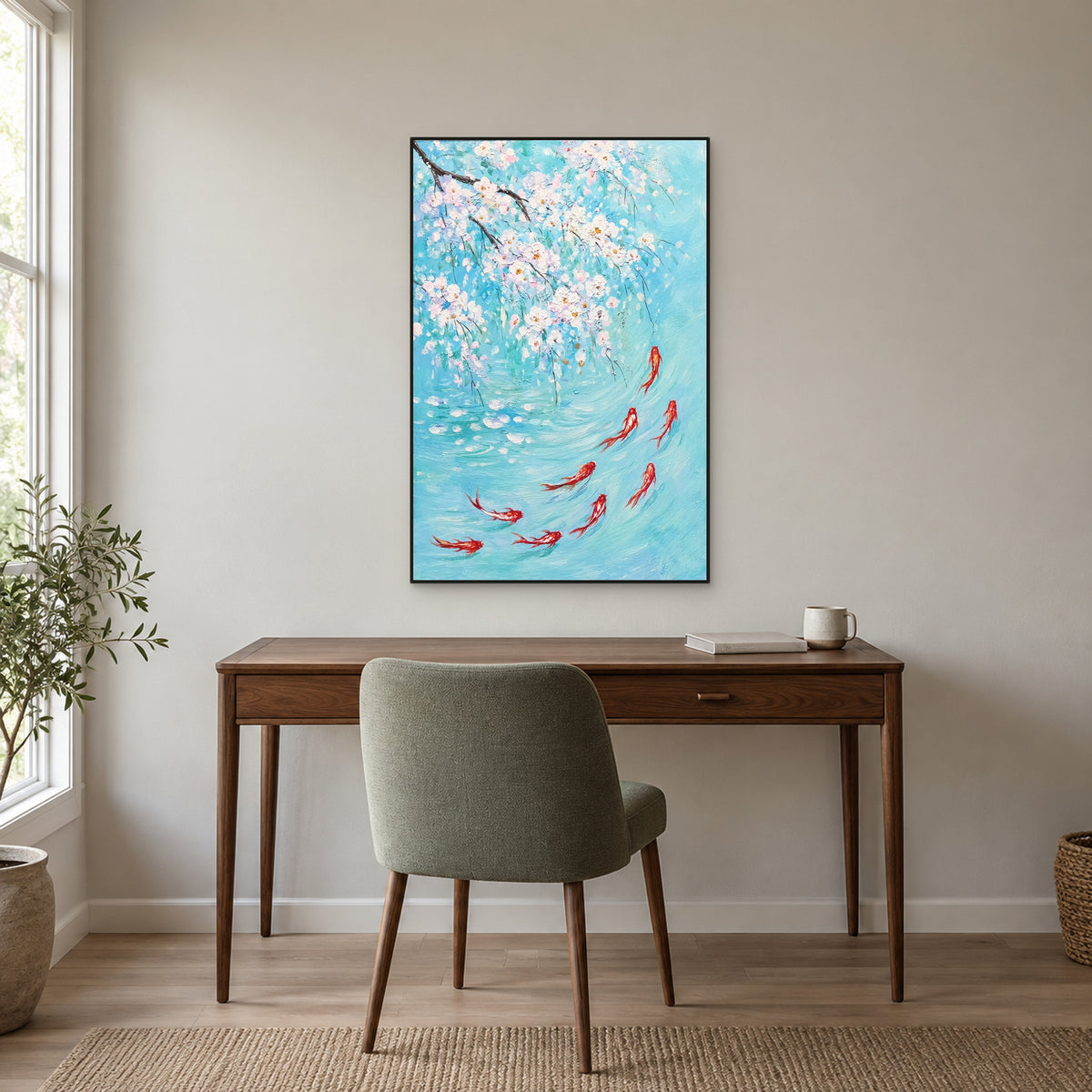 Carpes sous les fleurs blanches dans un fin cadre flottant noir, au-dessus d’un bureau en noyer et d’une chaise sauge, sur un mur gris chaud.