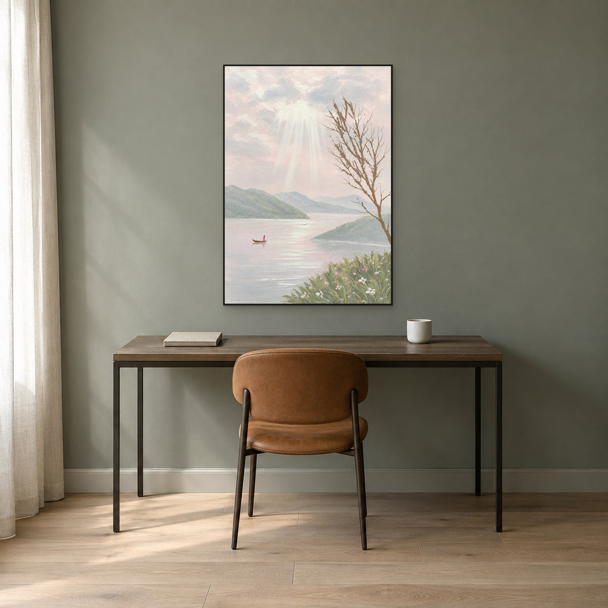 Hand-painted lake scene in a slim black frame above a dark wood writing desk