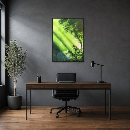 Lumière en forêt dans une fine caisse américaine noire au-dessus d’un bureau en noyer foncé