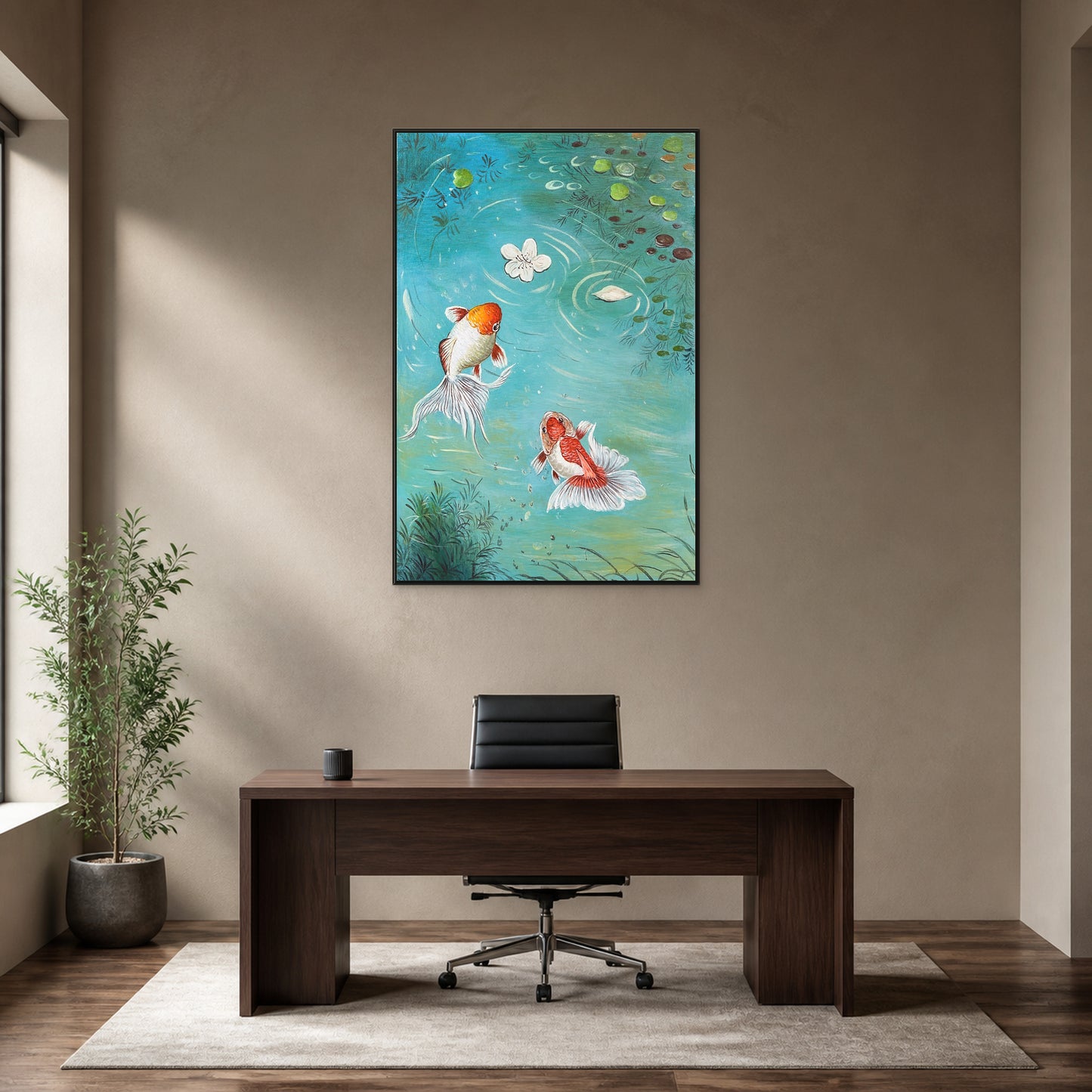 Two koi and circular pond ripples artwork in a thin black floating frame above a walnut desk