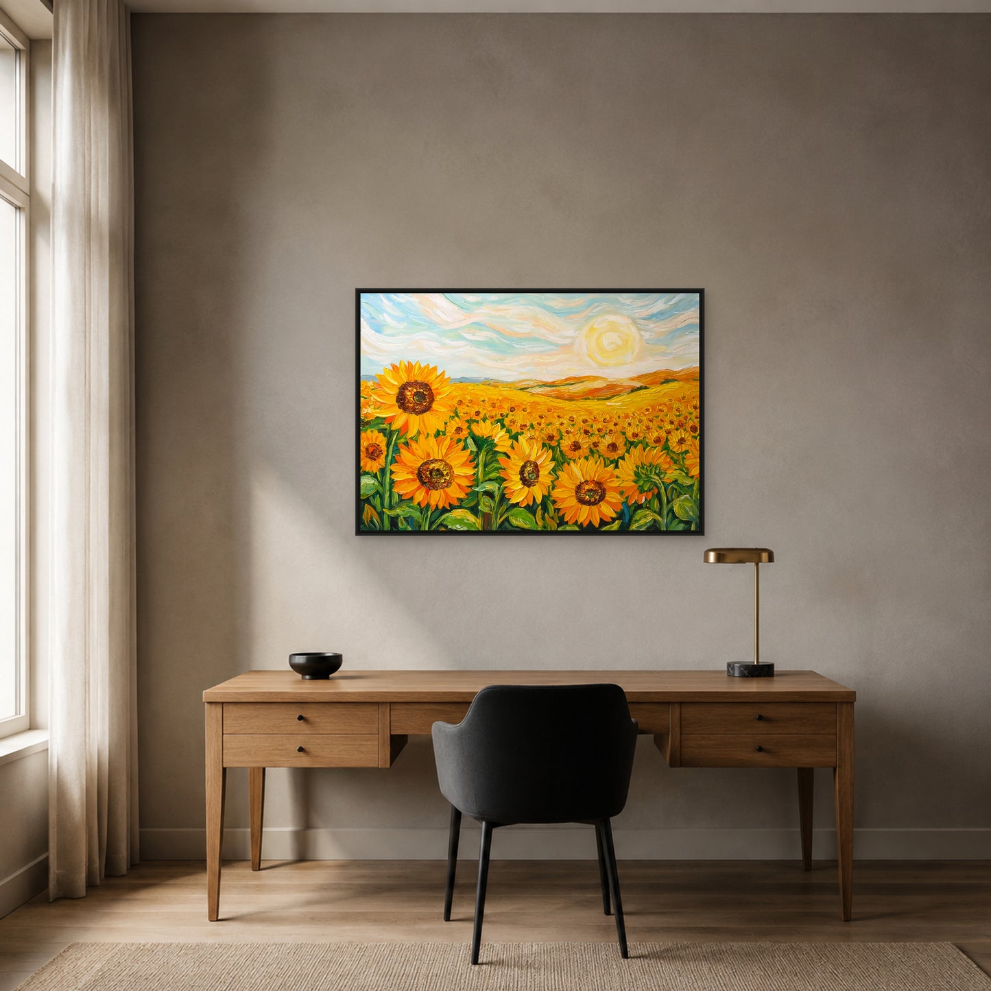 Sunflower field painting in a slim black floating frame centred above a medium-oak home office desk