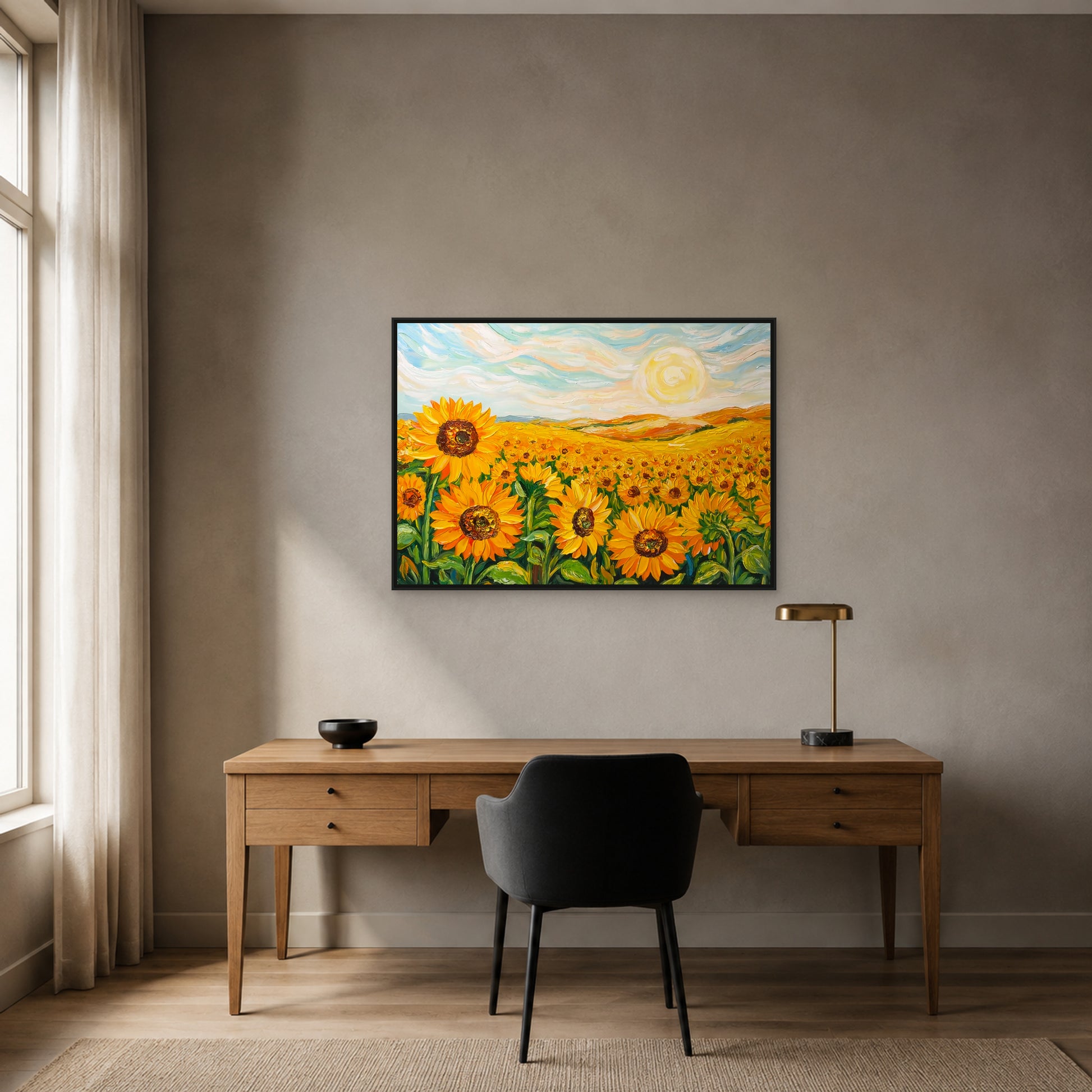 Sunflower field painting in a slim black floating frame centred above a medium-oak home office desk