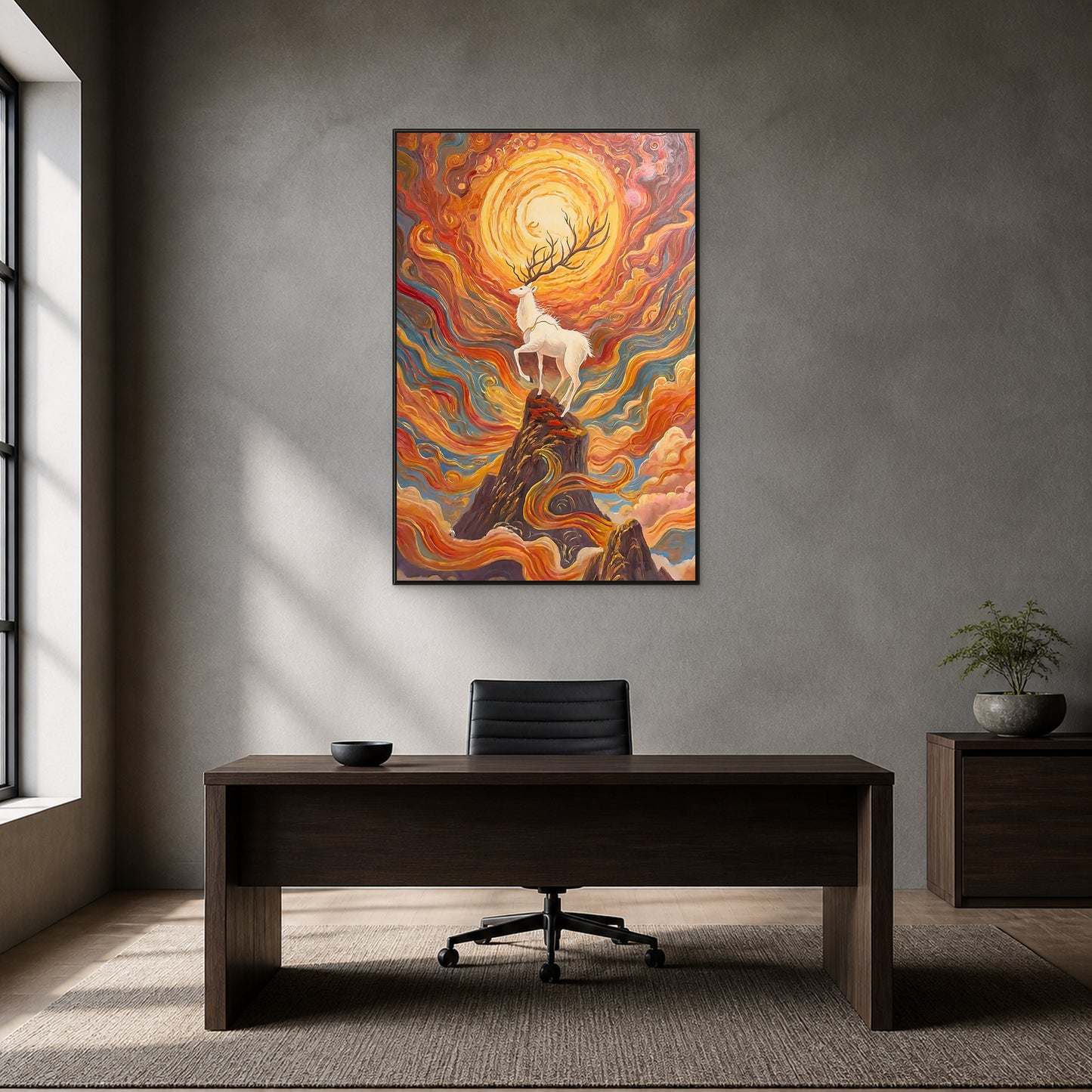 Tableau rouge et or avec cerf au soleil levant dans une fine caisse américaine noire au-dessus d’un bureau en noyer