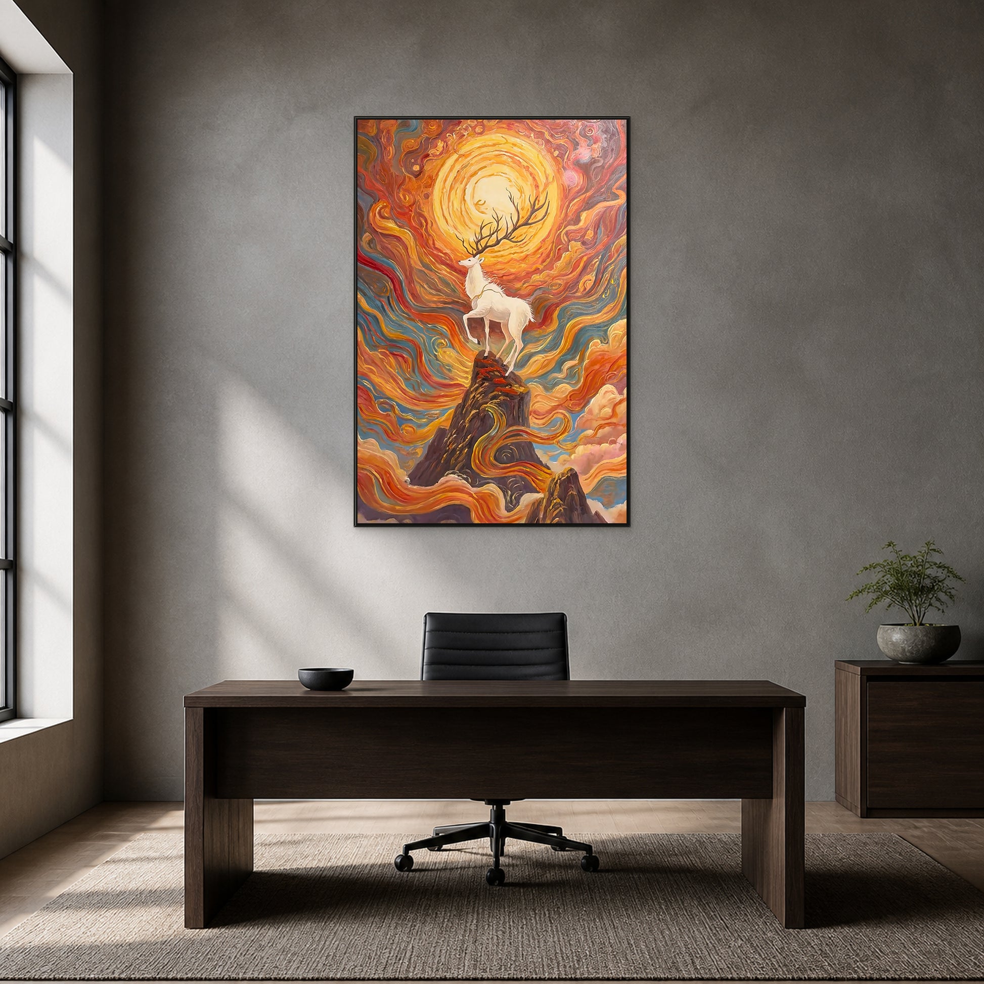 Tableau rouge et or avec cerf au soleil levant dans une fine caisse américaine noire au-dessus d’un bureau en noyer