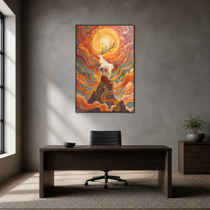 Tableau rouge et or avec cerf au soleil levant dans une fine caisse américaine noire au-dessus d’un bureau en noyer