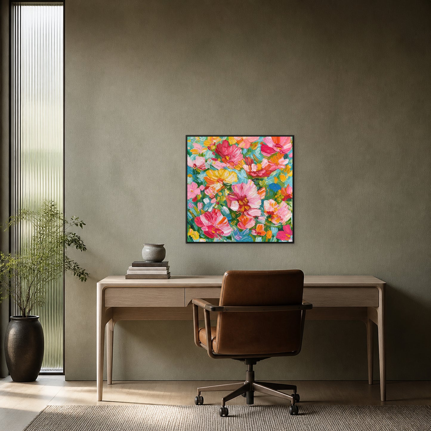 Abondance florale dans un fin cadre flottant noir au-dessus d’un bureau en frêne clair sur un mur gris olive feutré