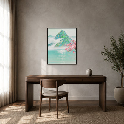 Tableau de lac turquoise et de montagne jade dans une fine caisse américaine noire au-dessus d’un bureau en noyer foncé