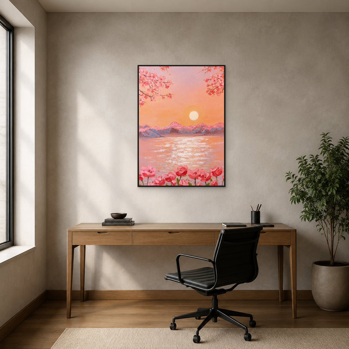 Lever de soleil aux fleurs de pêcher dans une fine caisse américaine noire au-dessus d’un bureau en chêne moyen