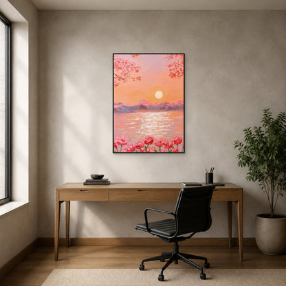 Lever de soleil aux fleurs de pêcher dans une fine caisse américaine noire au-dessus d’un bureau en chêne moyen