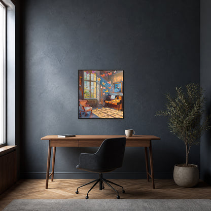 Papillons dans le salon de musique dans un fin cadre flottant noir au-dessus d’un bureau en noyer sur un mur bleu anthracite