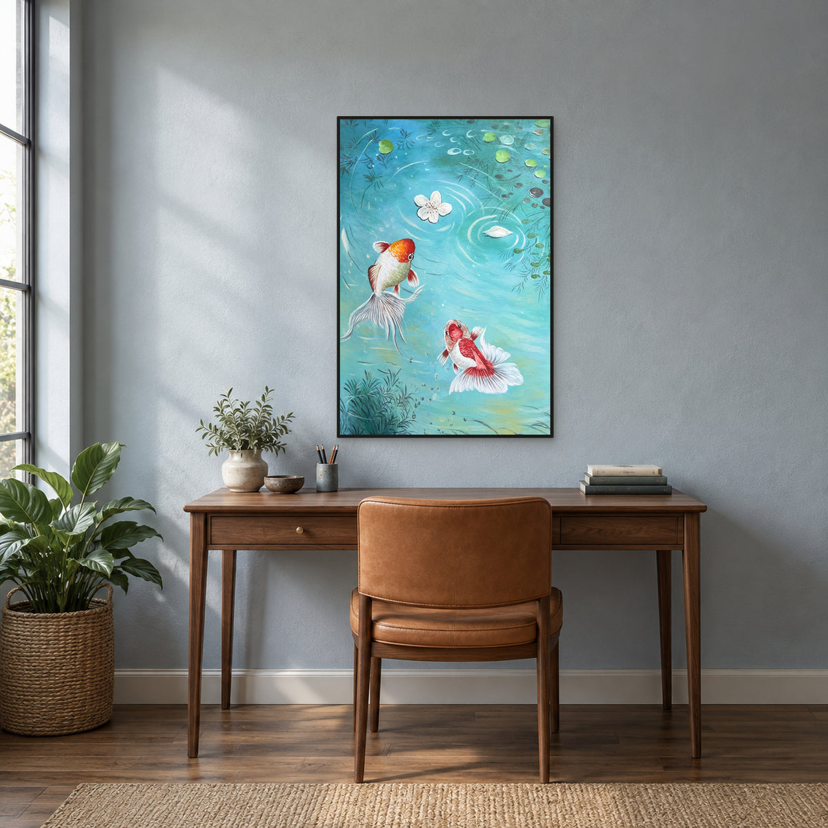 Tableau de bassin turquoise et poissons en fine caisse américaine noire au-dessus d’un bureau