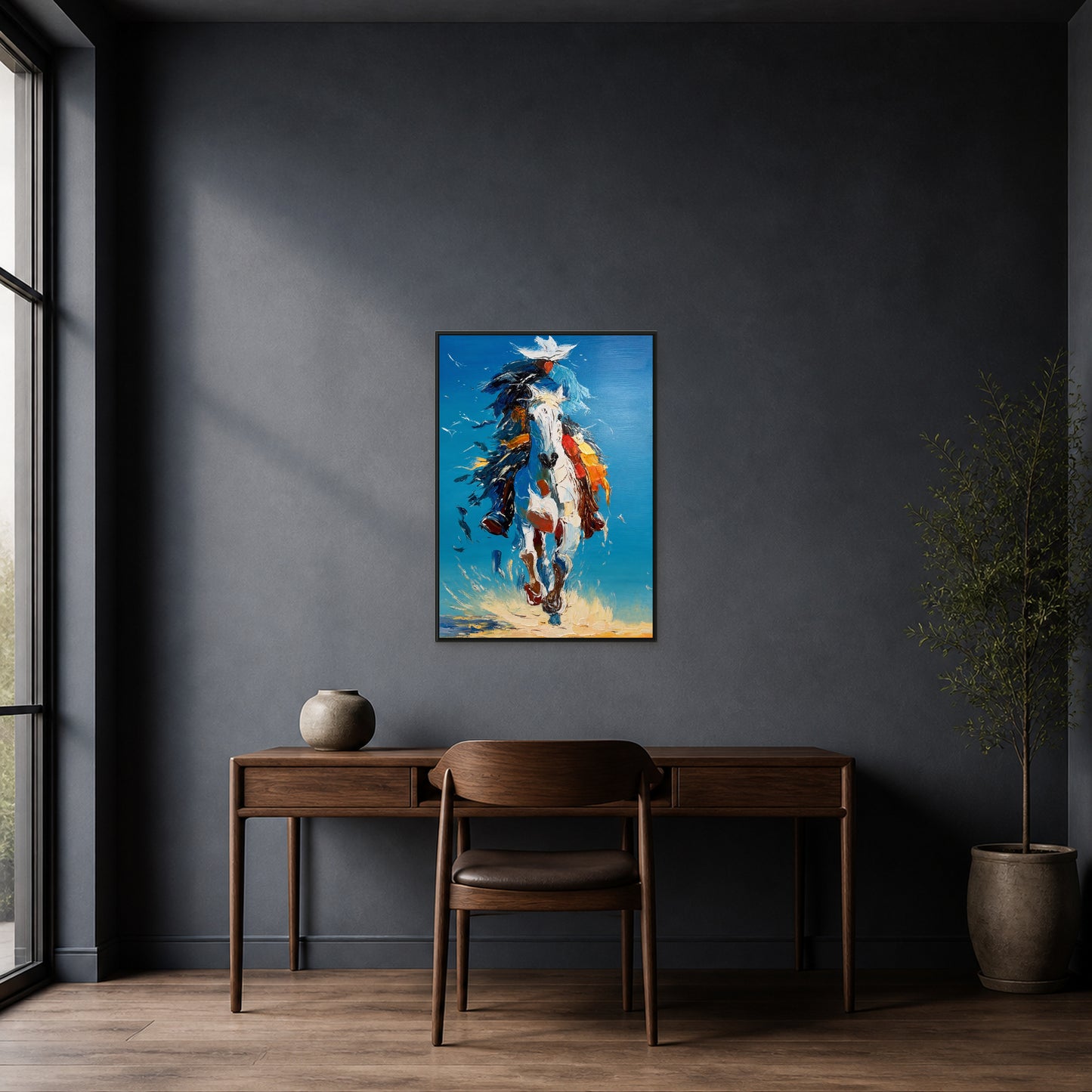 Galop sous le ciel bleu dans un fin cadre flottant noir centré au-dessus d’un bureau en noyer sur un mur bleu anthracite