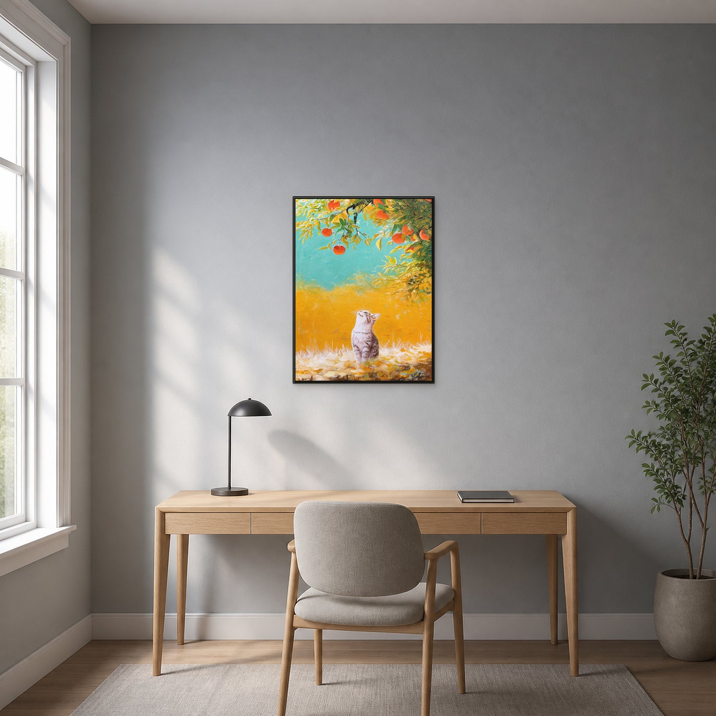 Beneath the Persimmon Tree in a slim black floating frame above a pale oak desk on a blue-grey wall