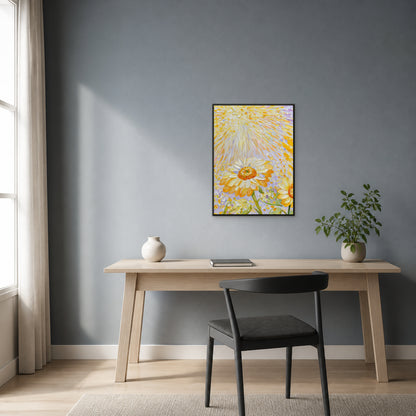 Tournesols dans la lumière dorée dans un fin cadre flottant noir centré au-dessus d’un bureau en frêne sur un mur bleu-gris poudré