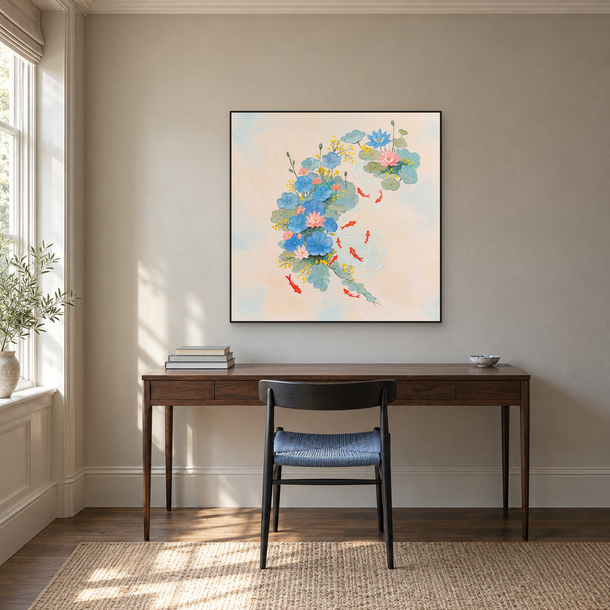 Square pastel pond painting in a black frame above a dark wood desk