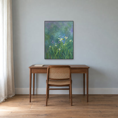 Iris bleus et fleurs blanches dans un fin cadre noir au-dessus d’un bureau en noyer, sur un mur bleu-gris