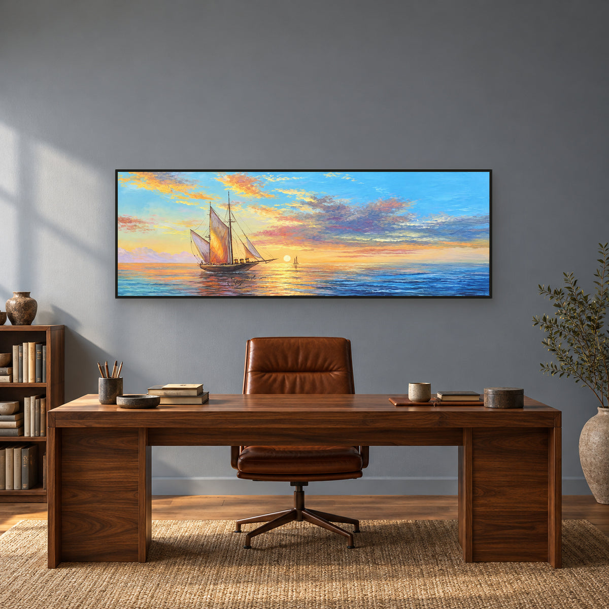 Wide sailboat seascape in a black floating frame above a walnut desk and cognac chair