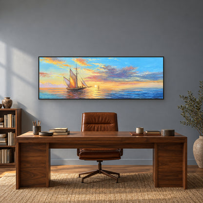 Wide sailboat seascape in a black floating frame above a walnut desk and cognac chair